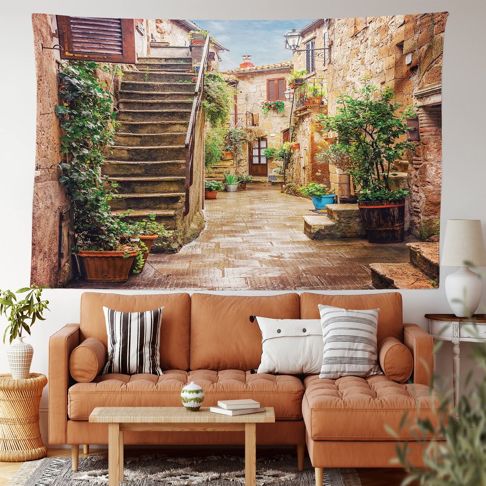Ambesonne Italian Tapestry King Size, View of Old Mediterranean Street Stone Rock Houses in Italy City Rural Print, Wall Hanging Bedspread Bed Cover Wall Decor, King Size, Stone Green