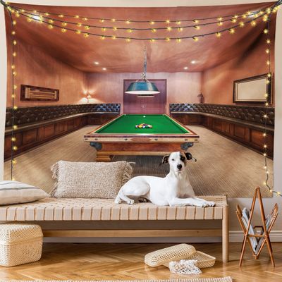 Ambesonne Modern Tapestry King Size, Entertainment Room in Mansion Pool Table Billiard Lifestyle Photo Print, Wall Hanging Bedspread Bed Cover Wall Decor, 104" X 88", Cinnamon Brown Green