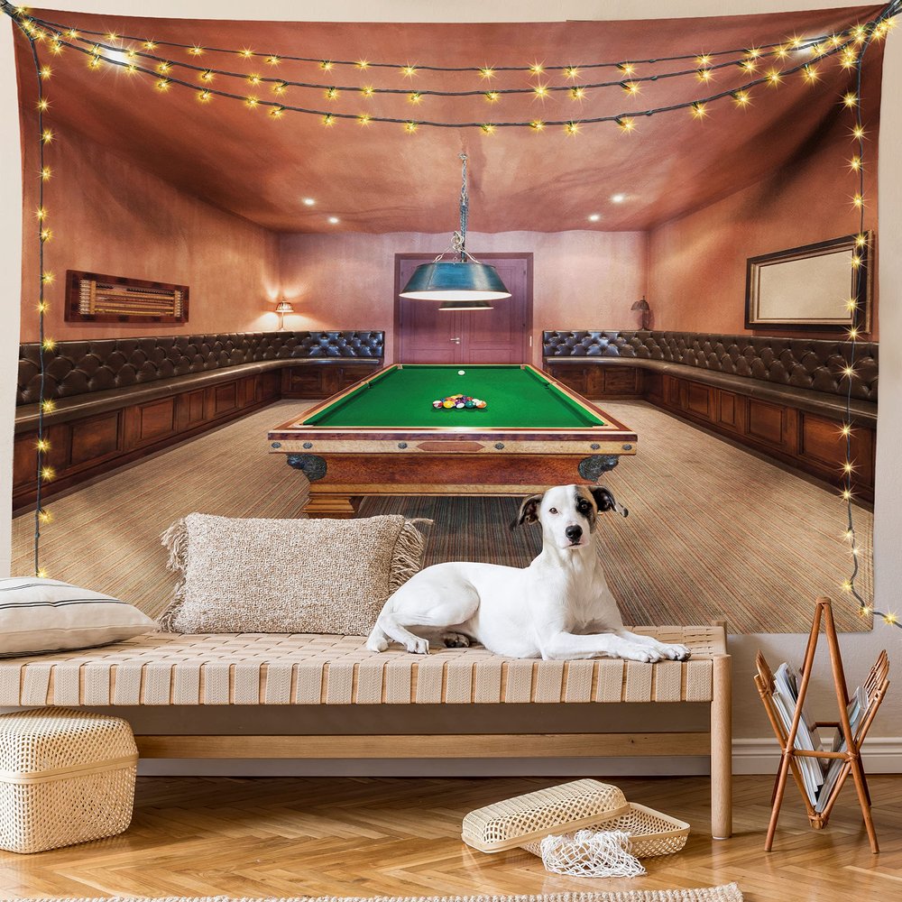 Ambesonne Modern Tapestry King Size, Entertainment Room in Mansion Pool Table Billiard Lifestyle Photo Print, Wall Hanging Bedspread Bed Cover Wall Decor, 104" X 88", Cinnamon Brown Green