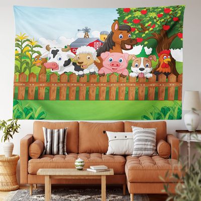 Ambesonne Cartoon Tapestry King Size, Composition Farm Animals on Fence Comic Mascots Dog Cow Horse Design, Wall Hanging Bedspread Bed Cover Wall Decor, 104" X 88", Green Multicolor