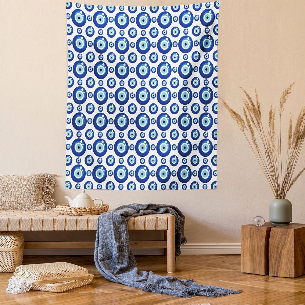 Ambesonne Evil Eye Tapestry Twin Size, Symmetrical Pattern All Seeing Eye Superstitious Turkish Ethnic, Wall Hanging Bedspread Bed Cover Wall Decor, 68" X 88", Blue Pale Blue White