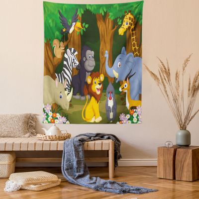 Ambesonne Animal Tapestry Queen Size, Cartoon Style Gazelle Giraffe Gorilla Lion Animals Illustration, Wall Hanging Bedspread Bed Cover Wall Decor, 88" X 88", Brown Green