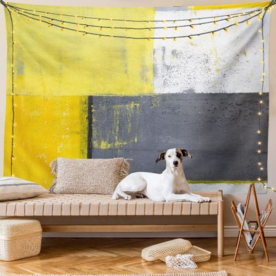Ambesonne Grey and Yellow Tapestry King Size, Street Art Modern Grunge Abstract Design Squares, Wall Hanging Bedspread Bed Cover Wall Decor, 104" X 88", Charcoal Grey Yellow