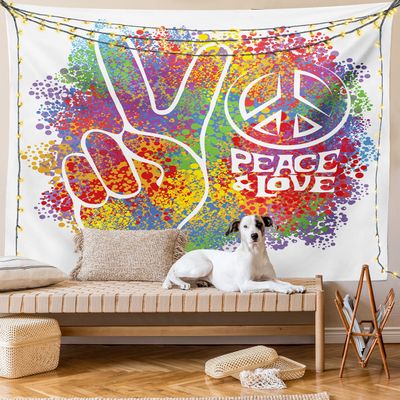Ambesonne 70s Party Tapestry King Size, Hippie Peace and Love and Signs 2 Fingers Pacifist Colorful Design Art, Wall Hanging Bedspread Bed Cover Wall Decor, 104" X 88", Red Purple