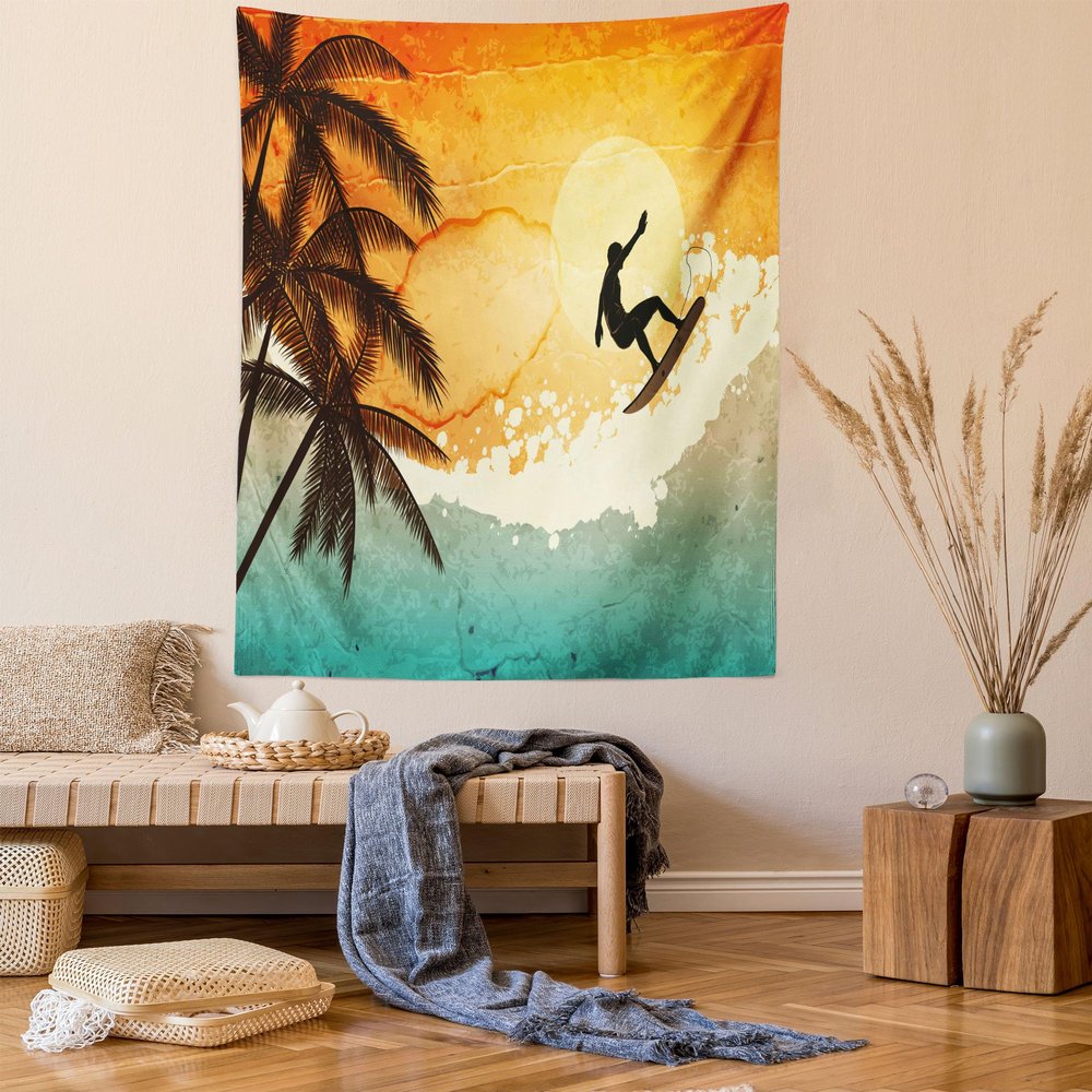 Ambesonne Grunge Tapestry Twin Size, Illustration of Tropical Island Surfer on Sea Waves and Palms at Sunset, Wall Hanging Bedspread Bed Cover Wall Decor, 68" X 88", Orange Turquoise Black