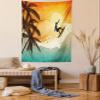 Ambesonne Grunge Tapestry Twin Size, Illustration of Tropical Island Surfer on Sea Waves and Palms at Sunset, Wall Hanging Bedspread Bed Cover Wall Decor, 68" X 88", Orange Turquoise Black view 1