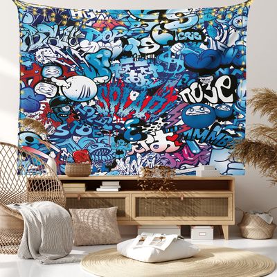 Ambesonne Modern Tapestry King Size, Teenager Style Image Street Wall Graffiti Graphic Colorful Design Art Print, Wall Hanging Bedspread Bed Cover Wall Decor, 104" X 88", Pale Blue