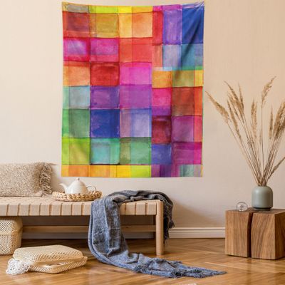 Ambesonne Abstract Tapestry Queen Size, Rainbow Colored Geometric Square Shaped Blurry Effects Watercolor Design, Wall Hanging Bedspread Bed Cover Wall Decor, Queen Size, Multicolor Magenta