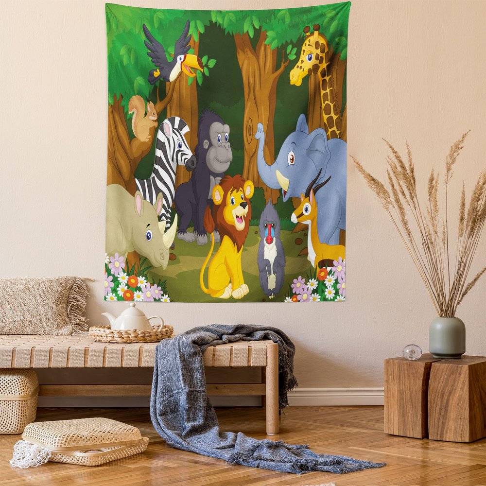 Ambesonne Animal Tapestry Twin Size, Cartoon Style Gazelle Giraffe Gorilla Lion Animals Illustration, Wall Hanging Bedspread Bed Cover Wall Decor, 68" X 88", Brown Green