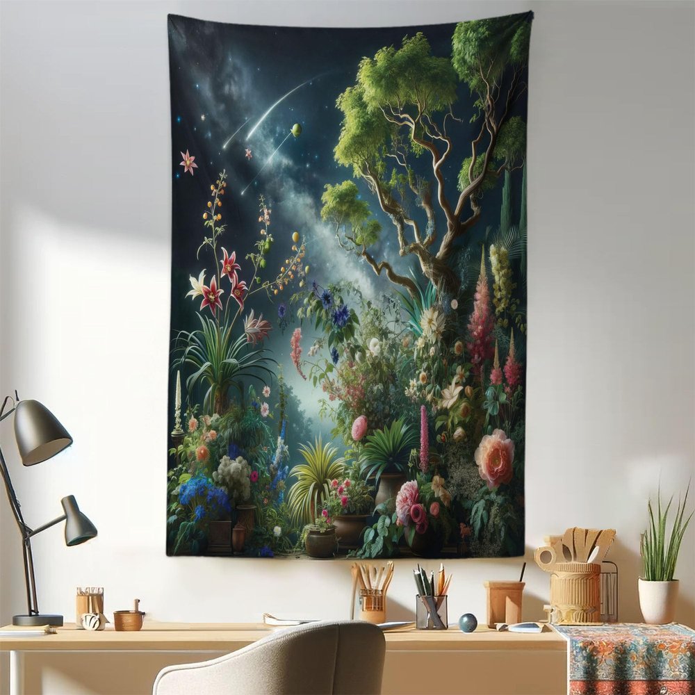 Ambesonne Country Tapestry, Clouds at Sunset Paint Scenery of Poppy Flower Garden on Valley with Horizon, Fabric Wall Hanging Decor for Bedroom Living Room Dorm, 30" X 45", Burgundy Deep Sky Blue