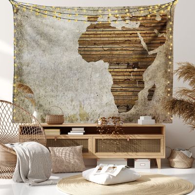 Ambesonne African Tapestry King Size, Geography Theme Grunge Vintage Wooden Plank and Map Digital Print, Wall Hanging Bedspread Bed Cover Wall Decor, 104" X 88", Tan Umber