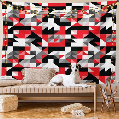 Ambesonne Abstract Tapestry King Size, Abstract Geometric Half Triangles Squares Maze Inspired Image, Wall Hanging Bedspread Bed Cover Wall Decor, 104" X 88", Charcoal Vermilion