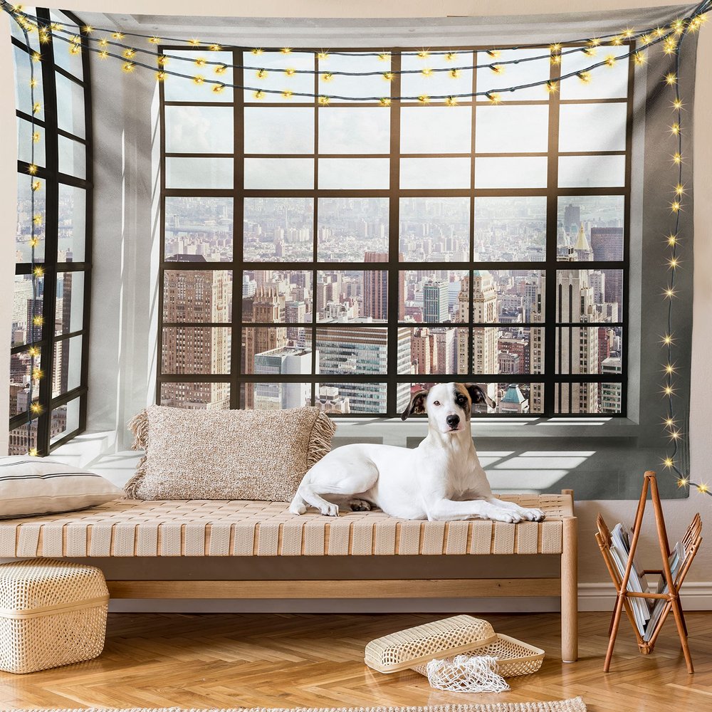 Ambesonne Modern Tapestry King Size, Urban City View of Apartments from Square Shape Windows Photograph, Wall Hanging Bedspread Bed Cover Wall Decor, 104" X 88", Pale Brown White