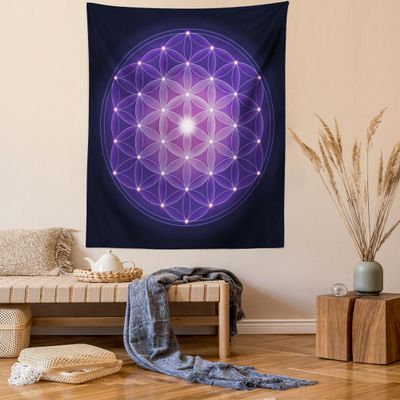 Ambesonne Dark Blue Tapestry Queen Size, Flower of Life with Stars Geometry Print, Wall Hanging Bedspread Bed Cover Wall Decor, 88" X 88", Dark Blue Purple