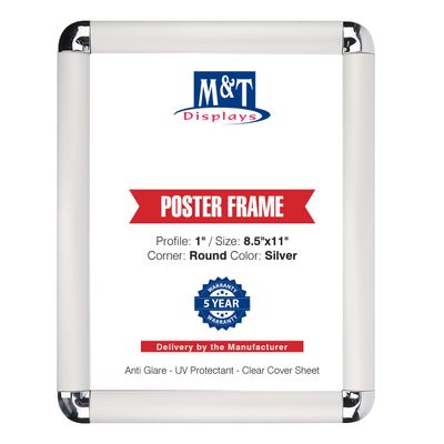 M&T Displays Snap Poster Frame 8.5x11 Inch Silver 1" Aluminum Profile Front Loading Wall Mounting Photo Picture Document Certificate Sign Holder Round Corner Anti Glare Cover
