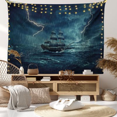 Ambesonne Landscape Tapestry King Size, Stormy and Rainy Weather Waves Vintage Ship Sailing Oil Paint, Wall Hanging Bedspread Bed Cover Wall Decor, 104" X 88", Dark Cadet Blue White