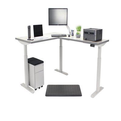 Lift It L-Shape Electric Standing Desk - 66"x24" Corner Desk, Height Adjustable 28.5"-46.75", Memory Presets, Grey Strand Top Silver Frame