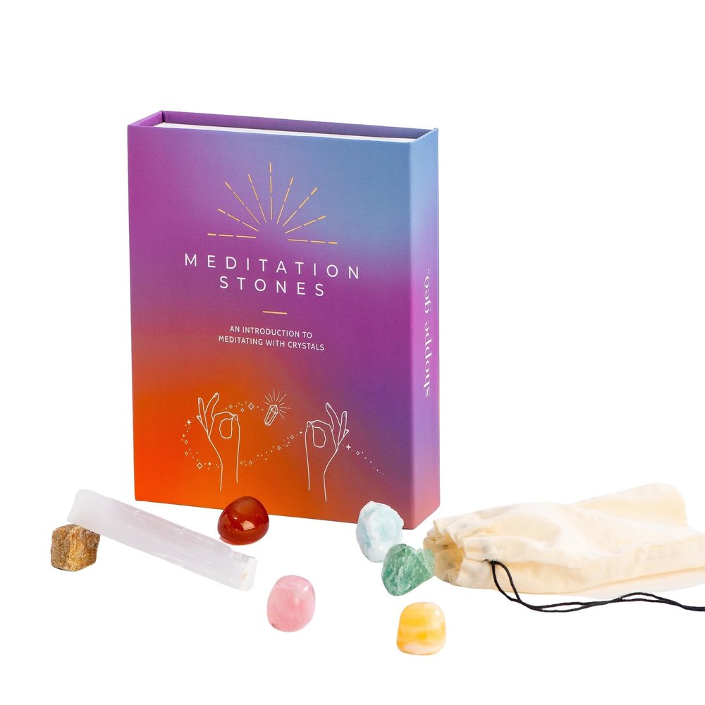 Shoppe Geo Crystal Collection Meditation Stones Set with Rose Quartz, Blue Calcite, Yellow Jade, Sandstone, Carnelian, Natural Selenite Wand, Set of 7