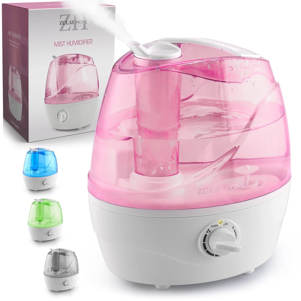 Zulay Home Cool Mist Humidifiers For Bedroom (2.2L Water Tank) - Quiet Ultrasonic Humidifiers For Large Room with Auto Shutoff Feature - Air Humidifier For Plants, Nursery, Kids Room (Pink)