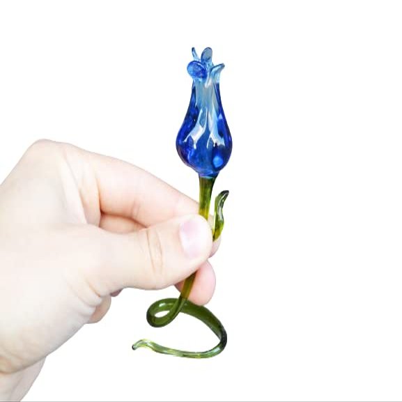 4.5 Blue Glass Rose Figurine with Stand  Hand-Blown Murano Style Flower Sculpture  Art Glass Rose for Desk, Shelf or Vase  Romantic Collectible  Gift for Mom, Lover
