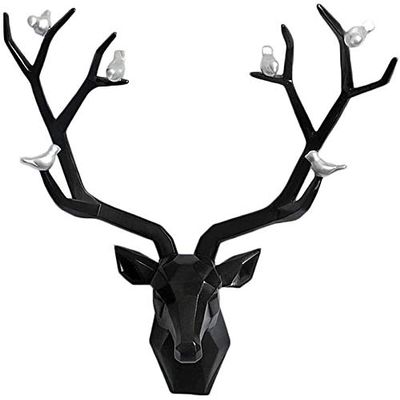 LQX Statue Deer Head Statue Wall Hanging Animal Head Resin Craft Living Room Bedroom Garden Home Decoration (Color : Black)