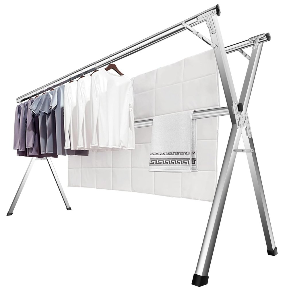 JAUREE 63 Inches Clothes Drying Rack, Drying Rack Clothing Folding Indoor Outdoor, Heavy Duty Stainless Steel Laundry Rack, Foldable Portable Large Clothes Rack Garment Rack with 20 Windproof Hooks