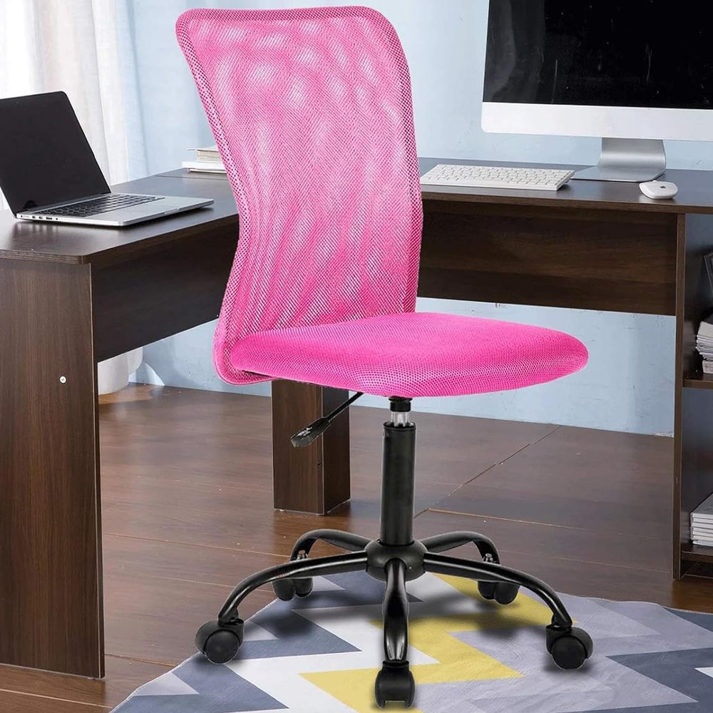 BestShop Home Office Chair, Mid Back Mesh Computer Desk Chair, Height Adjustable Small Task Chairs, No Armrest Rolling Swivel Chair for Boys Girls Student with Wheels, Pink