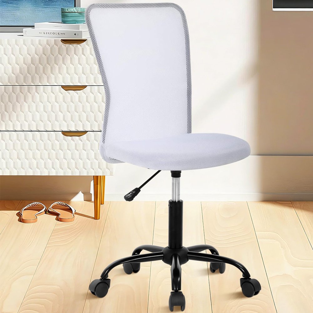 BestShop Home Office Chair, Computer Desk Chair, Mid Back Mesh Height Adjustable Small Chairs, Modern No Armrest Rolling Swivel Chairs for Boys Girls Students with Wheels, White