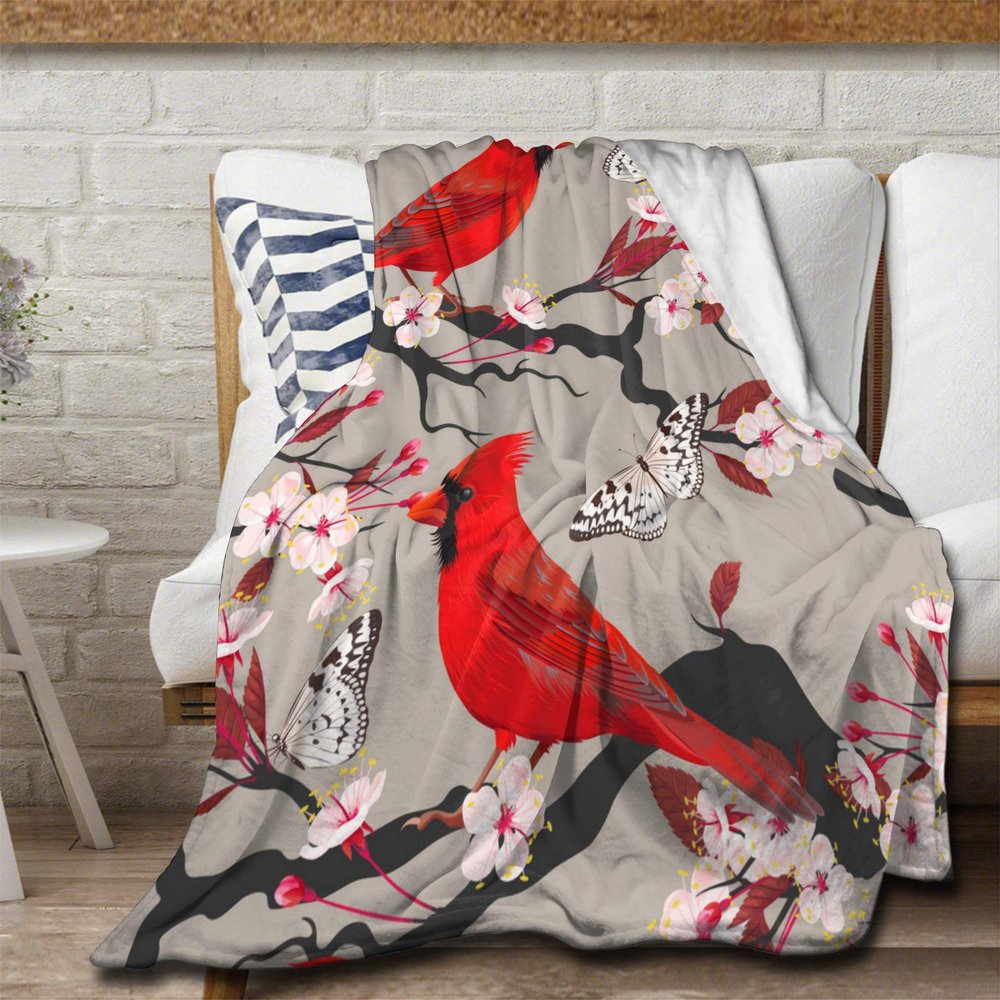 Avalokitesvara Cardinals Birds Cherry Flowers Flannel Blanket Super Soft and Warm for Bed Couch Sofa 120x90 Inch King Blanket for Family