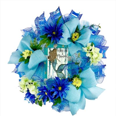 Artisan "Forever A Mermaid Beach, Coastal, Nautical Wreath With Blue and Yellow Flowers