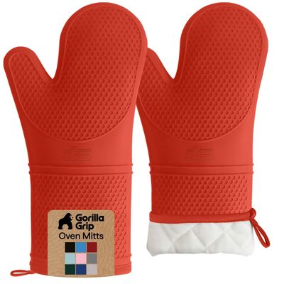 GORILLA GRIP BPA-Free Soft Silicone Oven Mitts, 14.5x8.3, Heat Resistant and Waterproof Cooking Gloves, Thick Cotton Lining, Flexible Gripping for Baking Grilling, Kitchen Potholders Set of 2, Coral