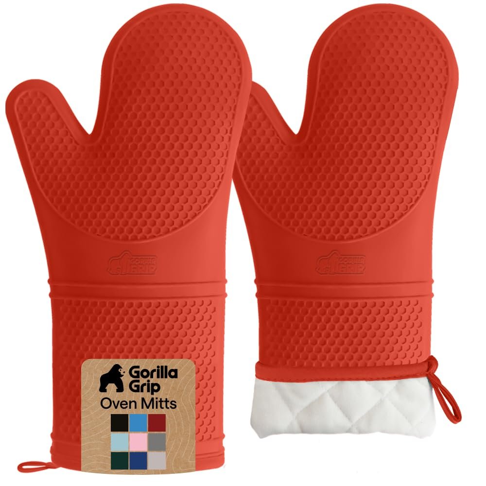 GORILLA GRIP BPA-Free Soft Silicone Oven Mitts, 14.5x8.3, Heat Resistant and Waterproof Cooking Gloves, Thick Cotton Lining, Flexible Gripping for Baking Grilling, Kitchen Potholders Set of 2, Coral
