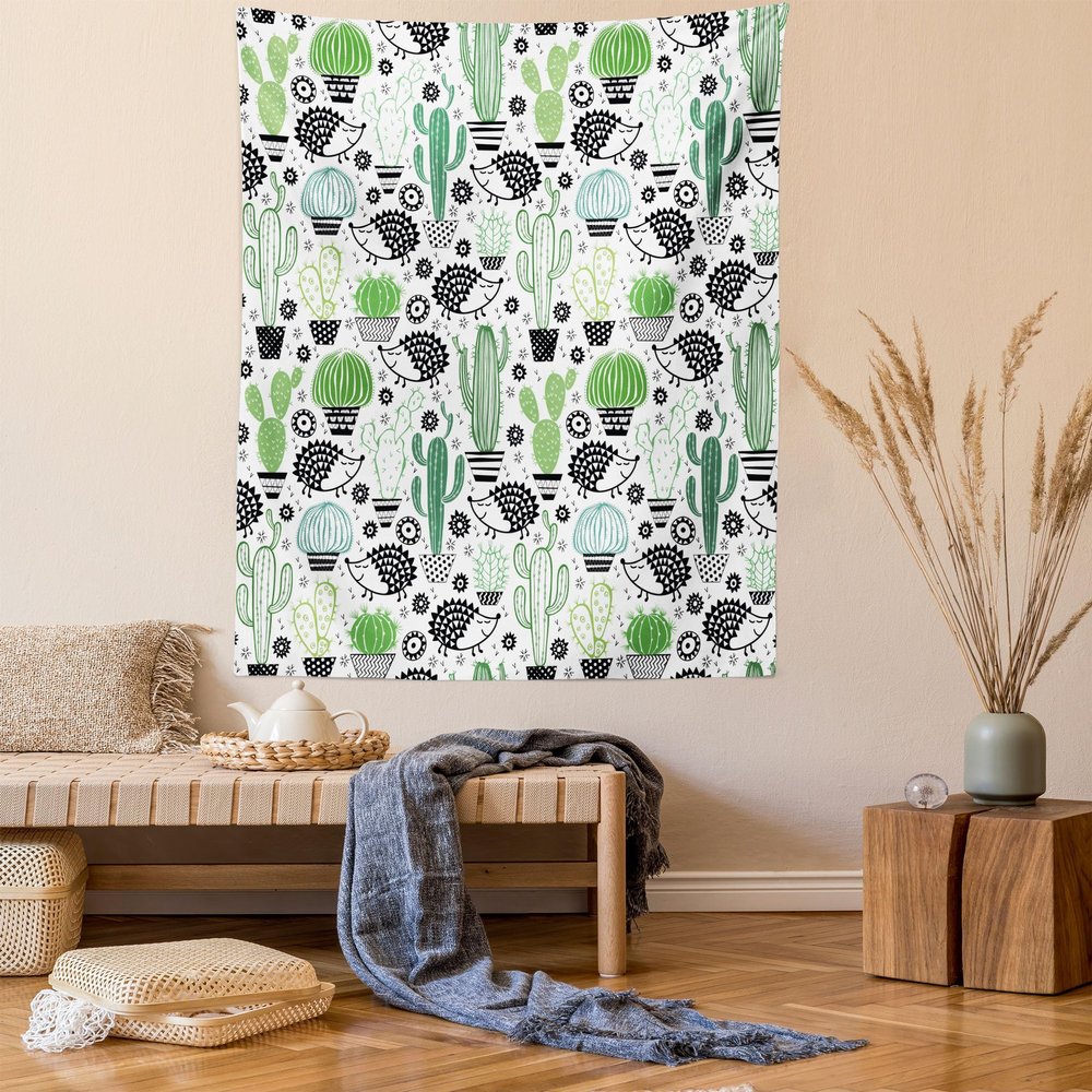 Ambesonne Cactus Tapestry Twin Size, Cartoon Style Inspired Drawing of Hedgehog Animals Saguaro and Prickly Pear, Wall Hanging Bedspread Bed Cover Wall Decor, 68" X 88", White Green