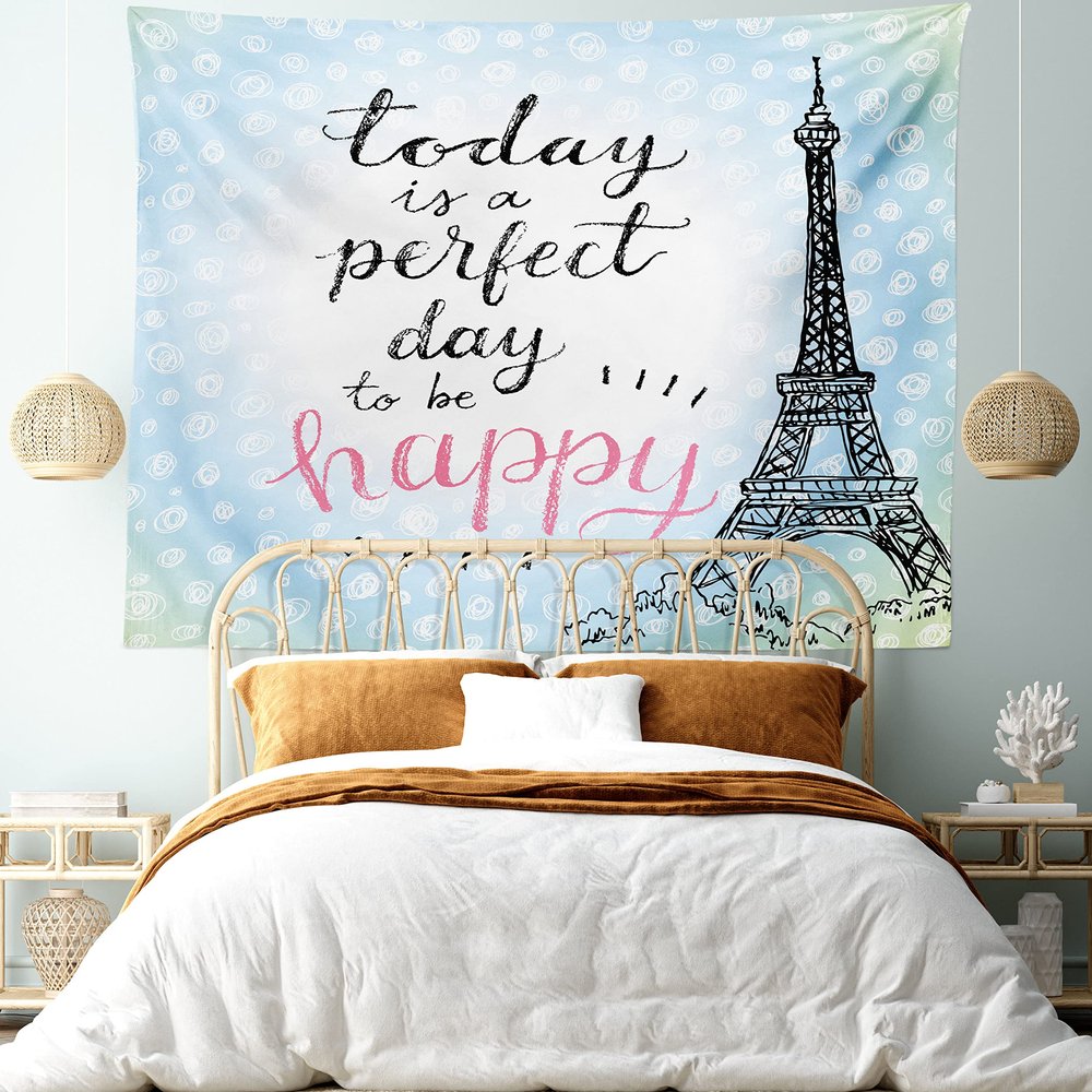 Ambesonne Eiffel Tower Tapestry King Size, Perfect Day Eiffel Tower Polka Dot Handwriting Typography Sketch Paris Print, Wall Hanging Bedspread Bed Cover Wall Decor, 104" X 88", Black Blue