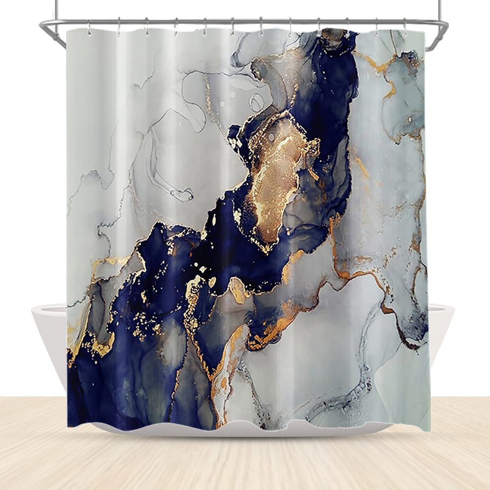 Abstract Navy Blue Marble Shower Curtain 72x72 Gold Grey Marble Ink Texture Bathroom Curtain Luxury Modern Bathroom Decor 72x72 Inch Waterproof Polyester Fabric