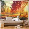 Ambesonne Fall Tapestry King Size, Vibrant Misty Day in Forest Sun Rays Trees Foliage Fallen Leaves Calm View, Wall Hanging Bedspread Bed Cover Wall Decor, 104" X 88", Orange Yellow Green view 1