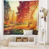 Ambesonne Fall Tapestry King Size, Vibrant Misty Day in Forest Sun Rays Trees Foliage Fallen Leaves Calm View, Wall Hanging Bedspread Bed Cover Wall Decor, 104" X 88", Orange Yellow Green view 2