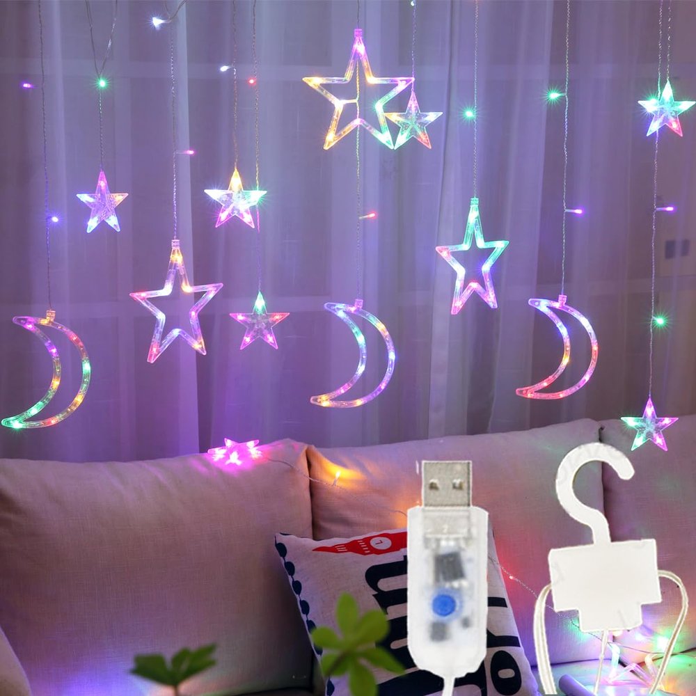 ALFEUND 138 Led Curtain String Light Star Moon Icicle Light with 8 Lighting Modes with Timer Remote USB Operated Dimmable Fairy String for Window Wall Home Decoration