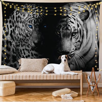 Ambesonne Leopard Tapestry King Size, Animal Eyes Aggressive Powerful Wildcat Profile Print Monochrome Design, Wall Hanging Bedspread Bed Cover Wall Decor, King Size, Black White Blue