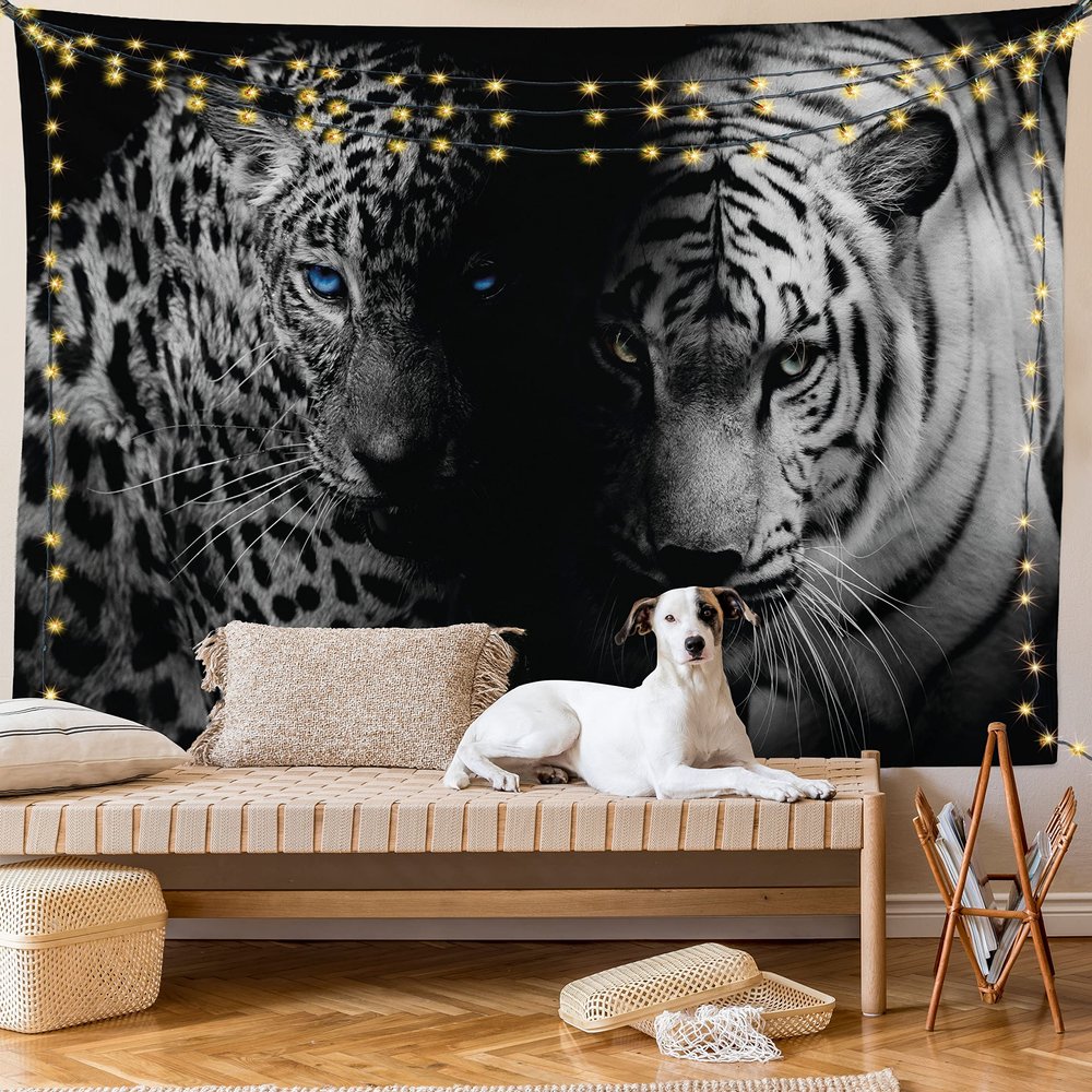 Ambesonne Leopard Tapestry King Size, Animal Eyes Aggressive Powerful Wildcat Profile Print Monochrome Design, Wall Hanging Bedspread Bed Cover Wall Decor, King Size, Black White Blue