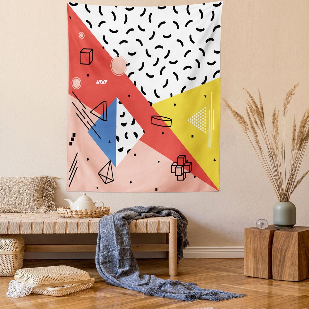 Ambesonne Abstract Tapestry Twin Size, Modern Geometric Trippy Triangles Cubes Circles Rollers Dots Print, Wall Hanging Bedspread Bed Cover Wall Decor, 68" X 88", Coral Pink