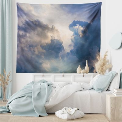 Ambesonne Clouds Tapestry King Size, Majestic Rain Storm Clouds Over The Sky High Above The Ground Environment Scenery, Wall Hanging Bedspread Bed Cover Wall Decor, King Size, Blue White