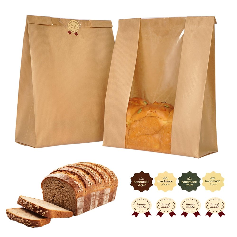 Funcoo 100 Pcs Paper Bread Bags for Homemade Sourdough Bread Bakery Storage Bags with Window, Large Thicker Bakery Loaf Bags for Baked Goods Packaging, Label Seal Sticker Included