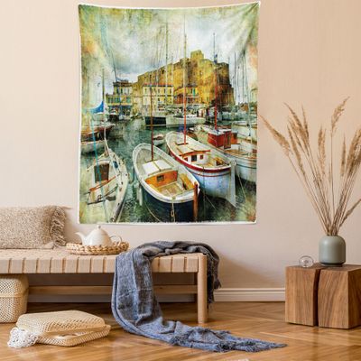 Ambesonne Marine Tapestry Queen Size, Naples Small Boats at Historical Italian Coast Heritage Castle Nautical Art, Wall Hanging Bedspread Bed Cover Wall Decor, 88" X 88", Earth Yellow