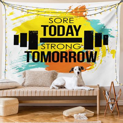 Ambesonne Fitness Tapestry King Size, Sore Today Strong Tomorrow Gym Words Typography Colorful Energetic Brushstrokes, Wall Hanging Bedspread Bed Cover Wall Decor, 104" X 88", Yellow Black