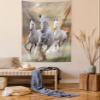 Ambesonne Horses Tapestry Queen Size, Stallion Horses Running on a Sky Background Male Champions Print, Wall Hanging Bedspread Bed Cover Wall Decor, Queen Size, White Orange view 1