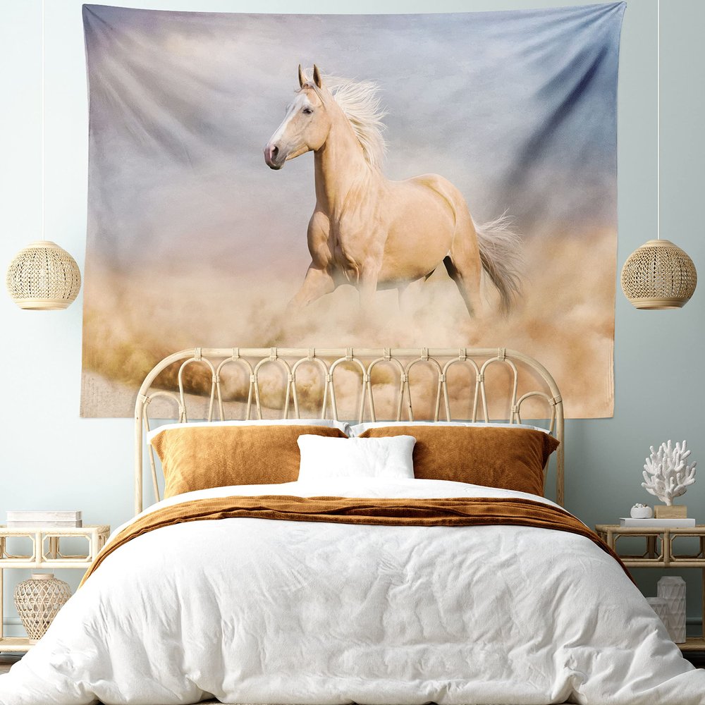 Ambesonne Horses Tapestry King Size, Palomino Horse in Sand Desert Blonde Male Hair Power Wild Animal, Wall Hanging Bedspread Bed Cover Wall Decor, 104" X 88", Purple Grey Peach