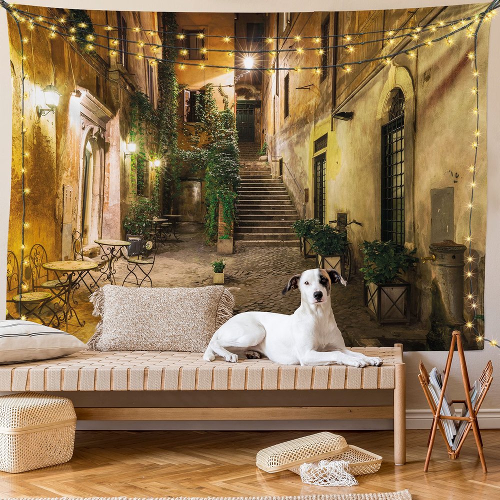 Ambesonne Italian Tapestry King Size, Old Courtyard Rome Italy Cafe Chairs City Historic Houses in Street, Wall Hanging Bedspread Bed Cover Wall Decor, King Size, Pale Yellow Green Orange