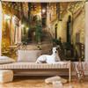 Ambesonne Italian Tapestry King Size, Old Courtyard Rome Italy Cafe Chairs City Historic Houses in Street, Wall Hanging Bedspread Bed Cover Wall Decor, King Size, Pale Yellow Green Orange view 1