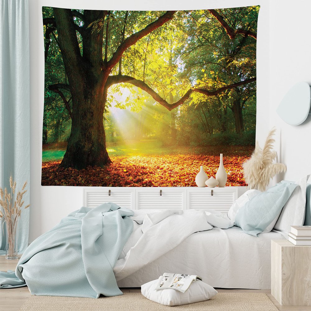 Ambesonne Leaves Tapestry King Size, Majestic Mighty Oak Tree with Largely Broader Leaves Forest Sun Rays Nature, Wall Hanging Bedspread Bed Cover Wall Decor, 104" X 88", Green Orange